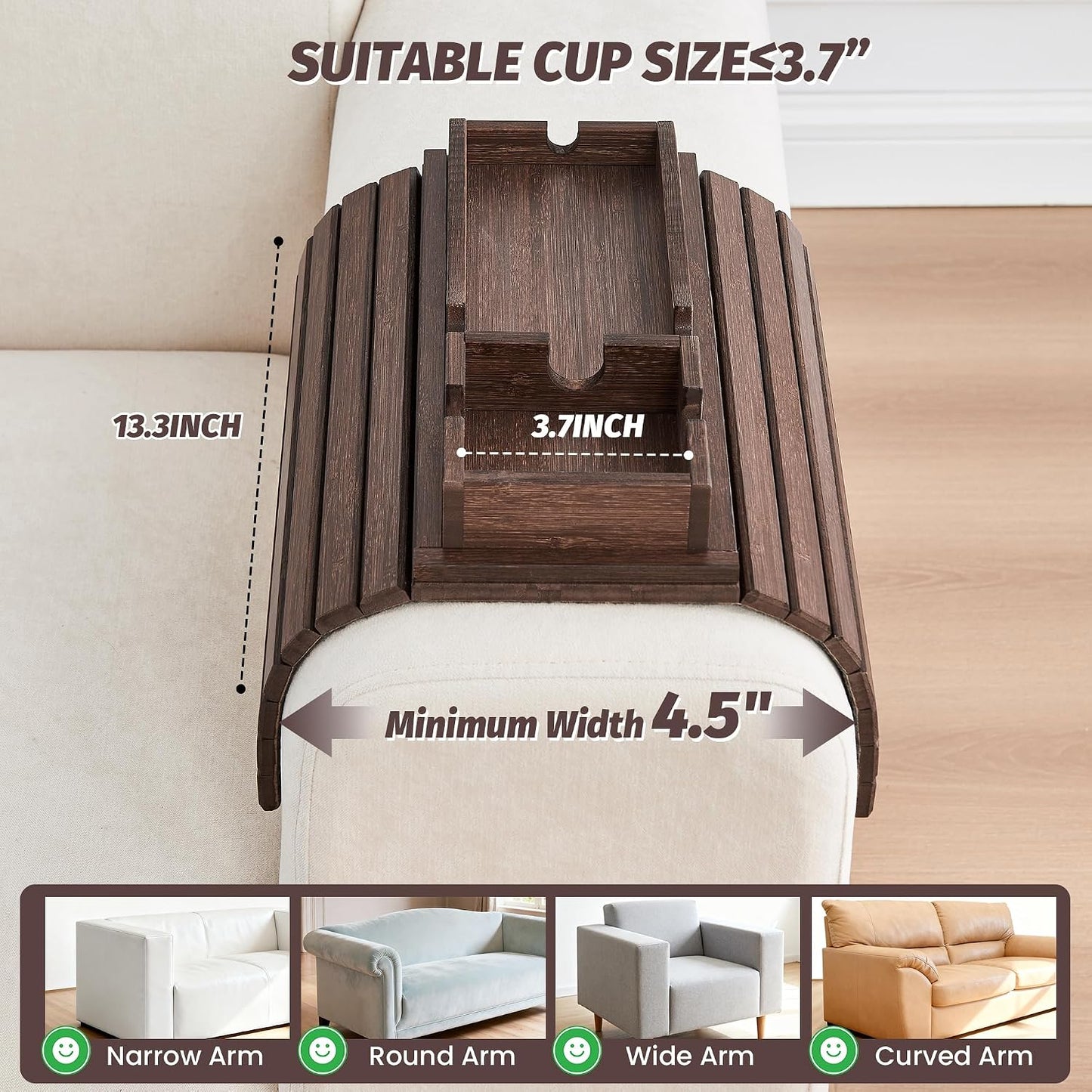 GEHE Couch Cup Holder, Anti Falling Sofa Arm Tray, Natural Bamboo Sofa Cup Holder More Safe for Your Family, Portable Couch Arm Tray Armrest Table for Remote, Snacks, Drinks
