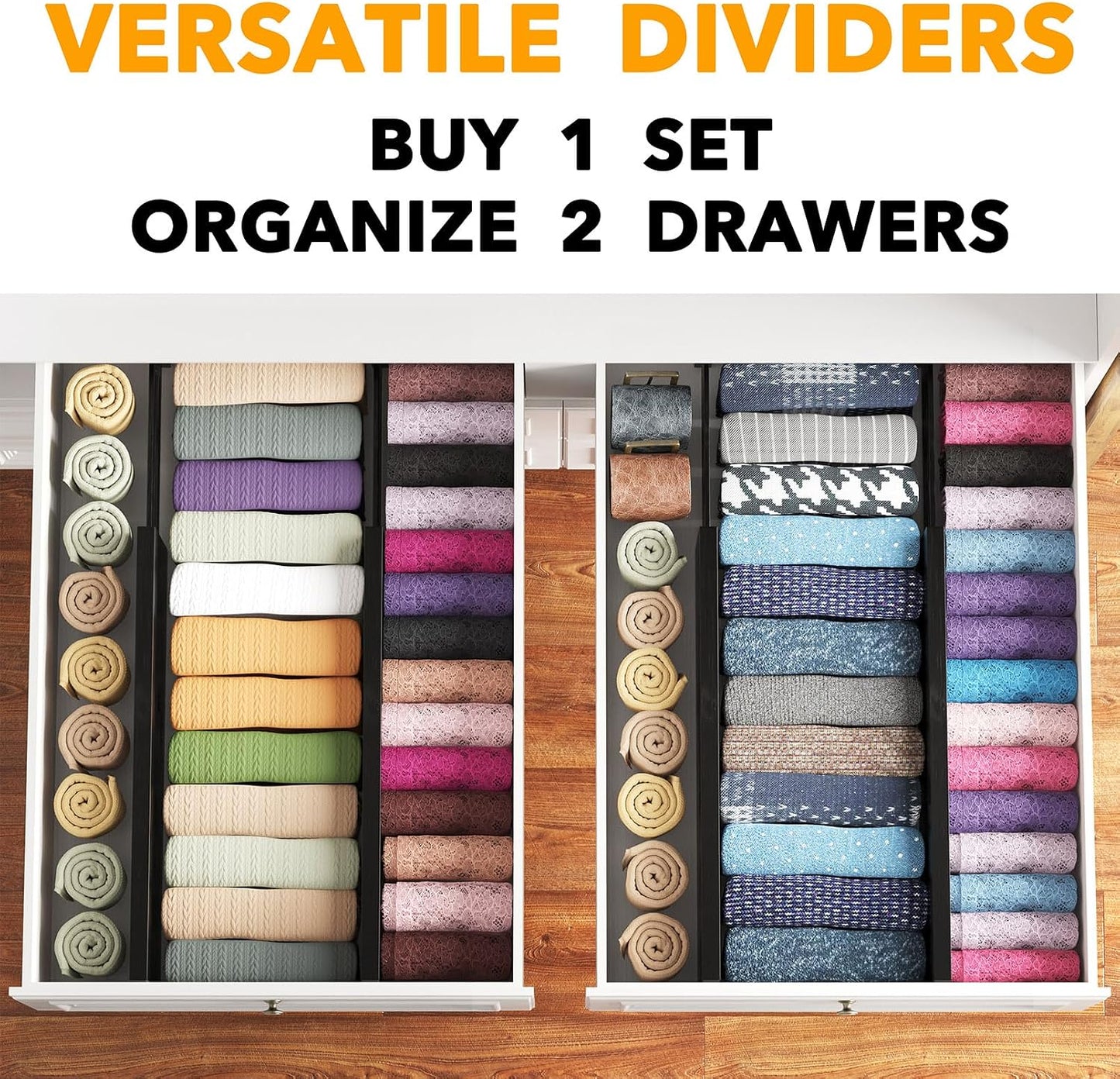 SpaceAid Bamboo 4 Pack Dresser Drawer Dividers, 4.65“ High Adjustable 12.5“-17” Drawer Organizers, Expandable Organization for Clothing, Clothes, Dressers, Black