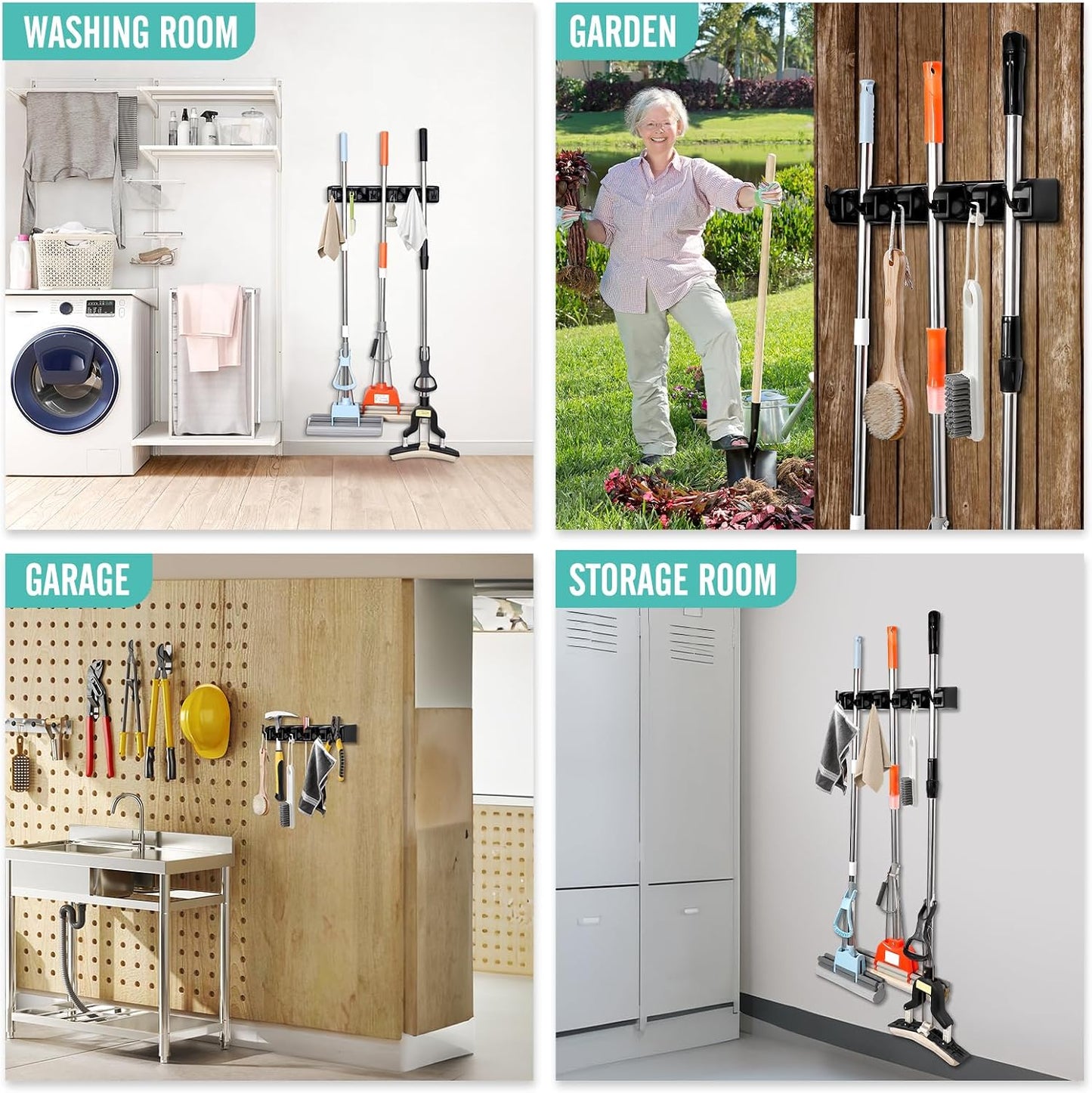 InPoTo Wall Mount Broom Holder 5 Slots 6 Hooks Mop Organizer Rack | Heavy Duty Construction -35 LBS Capacity, 5 Spring-loaded Ball Slots With Anti-Skid Rubber,Easy Installation ,Space Saving