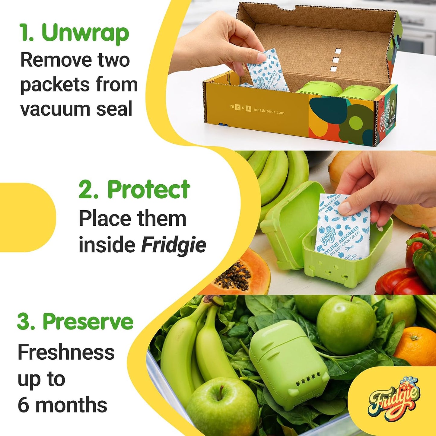 Fridgie Produce Saver, Ethylene Gas Absorber, Fridge Lettuce Keeper - Blue | 4 refill packets, lasts up to 1 year, slows ripening, reduces food waste, crisper drawer, protects berries, herbs, greens