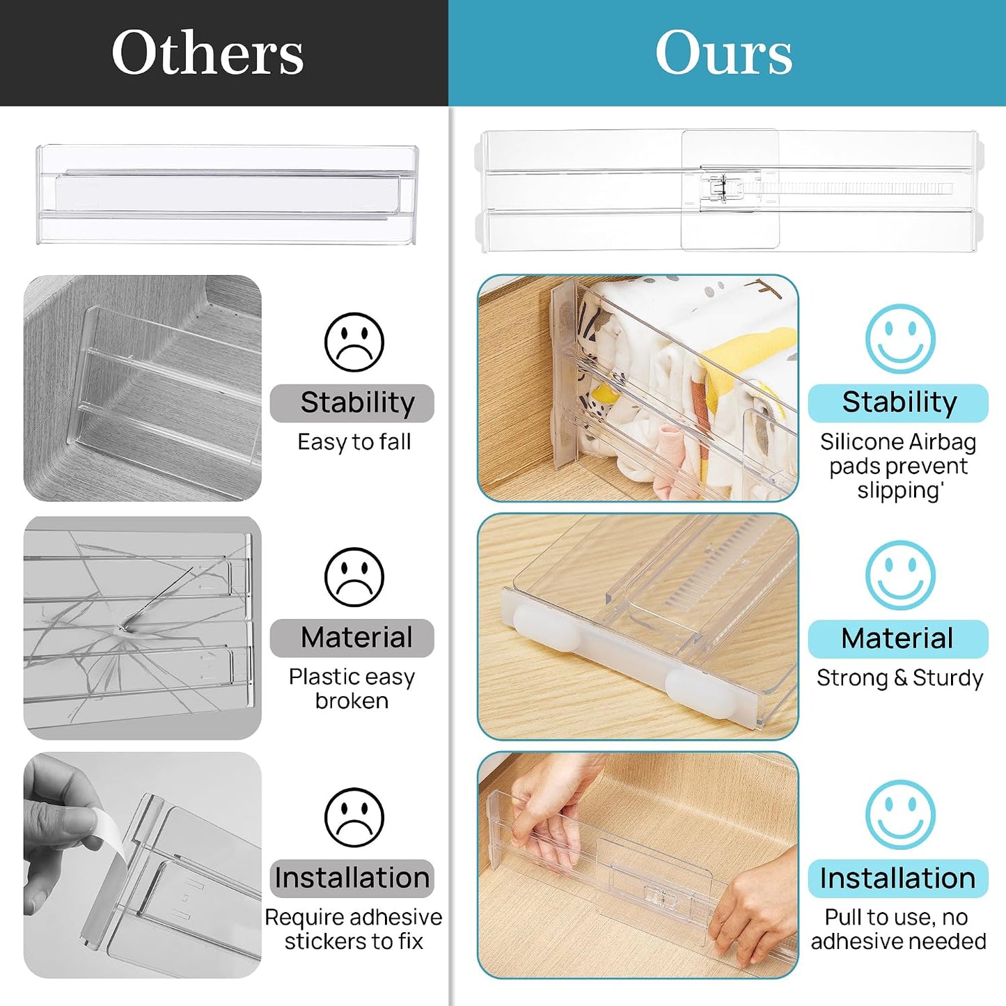 Vtopmart 12 Pack Drawer Dividers for Clothes, 4" High 10.2"-16.5" Adjustable Expandable Dresser Drawer Organizer, Clear Plastic Separators for Dresser, Baby Clothing, Underwear, Cosmetic, Toiletries | Expandable Dresser Drawer Organizer, Clear Plastic
