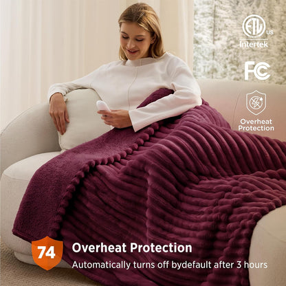 Bedsure Heated Blanket Electric Throw - Thick Striped Fast Heating Electric Blanket with Preheat Function, 6 Heat & 6 Timer (Up to 10H), 8H Auto Off, ETL Certified, Gifts for Women (50"x60", White)