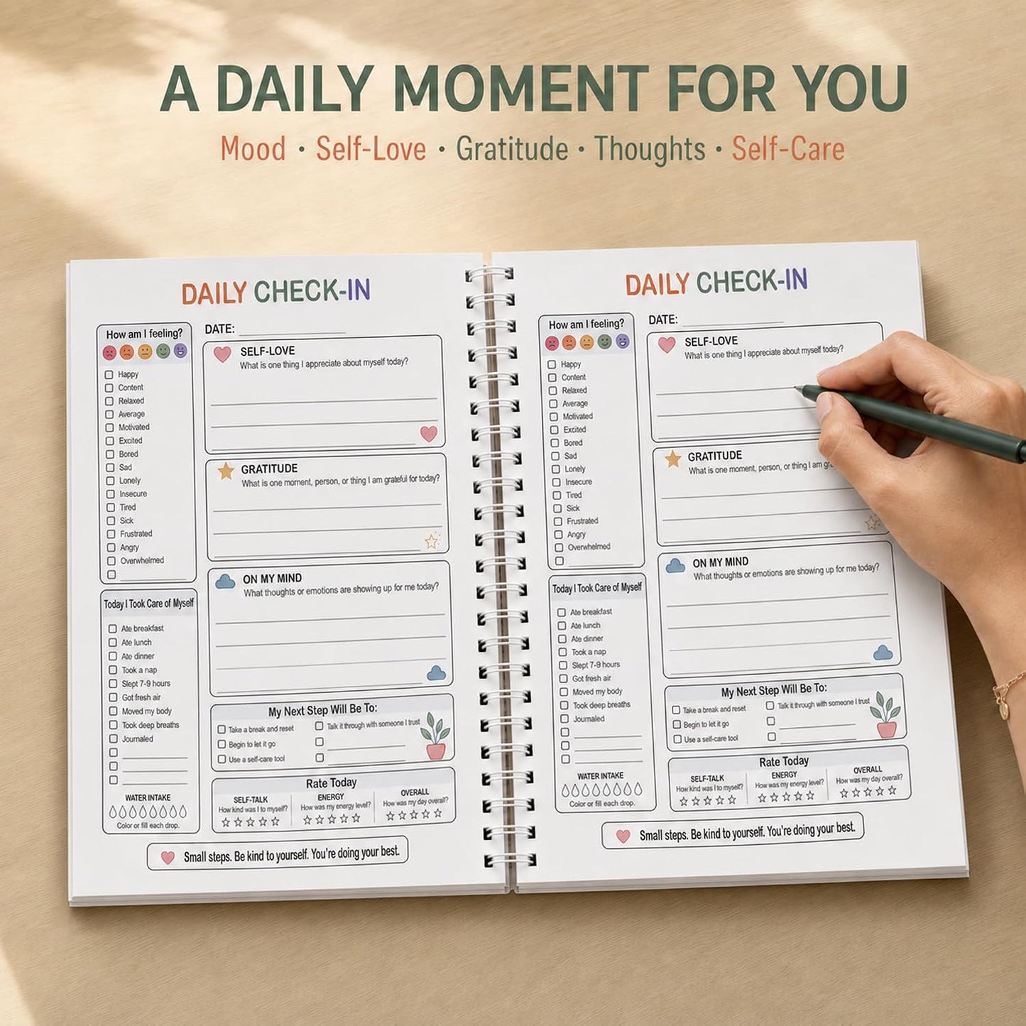 Self-Care Journal with Wellness Trackers, Mood Log & Reflection | Daily Check-Ins, Weekly Reflections & Guided Self-Care Tools