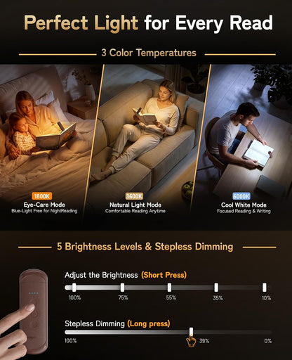 HIONXMGA Book Light Rechargeable, Eye-Care Clip on Reading Light for Books in Bed, 3 Color & Stepless Dimming, 140H Long Lasting Book Lights for Reading at Night, Gifts for Book Lovers(Black)