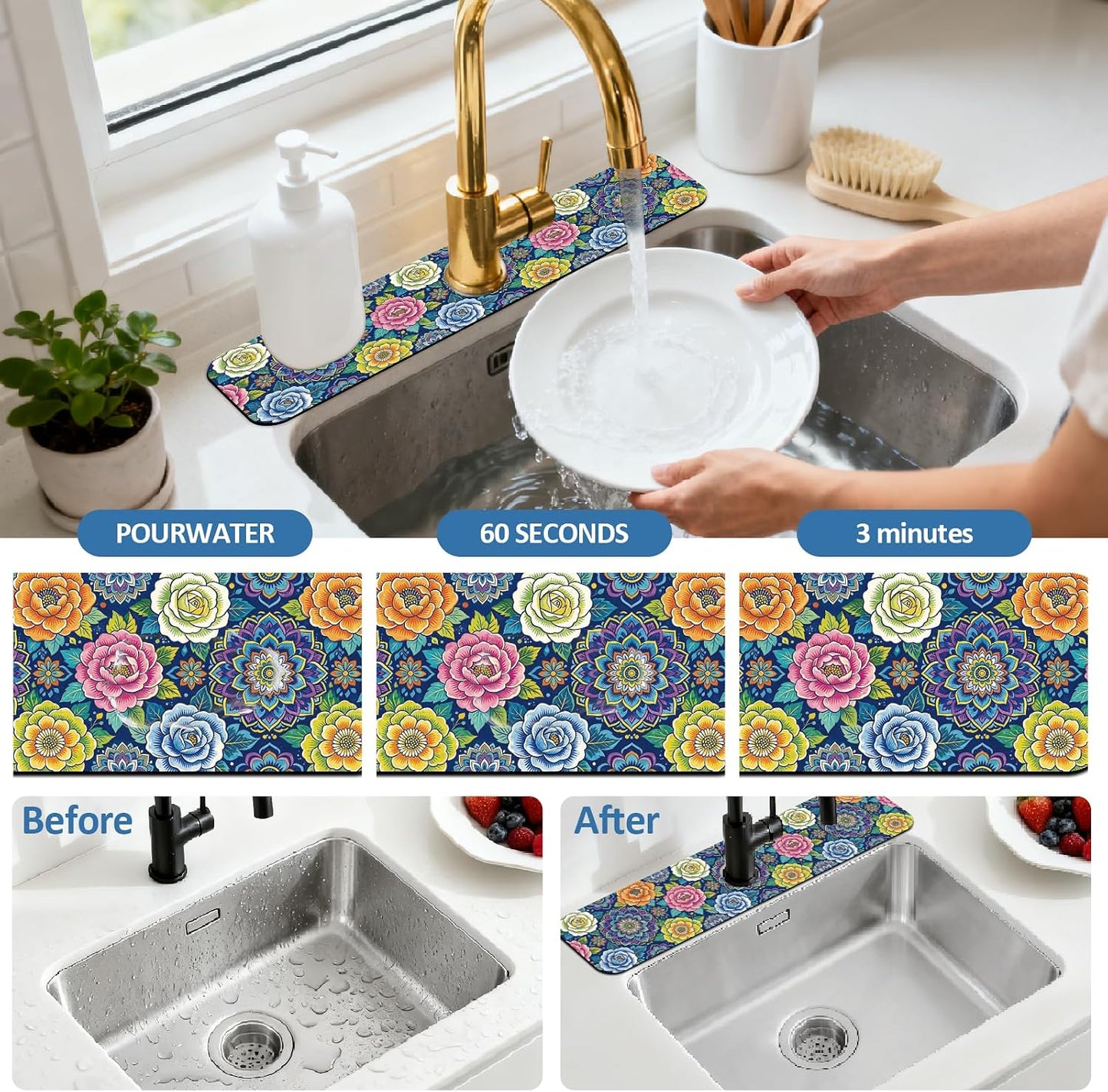 2 Pcs Kitchen Sink Splash Guard Faucet Mat Wood Grain Pattern Faucet Mat for Sinks Natural Wood Color Absorbing Drying Mats for Kitchen Bathroom, 23.6x5.5inch