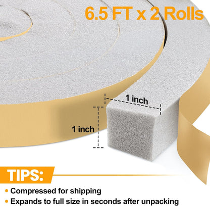 High Density Foam Tape Air Conditioner Window Seal, 1x1 Inch Thick Foam Stripe with Adhesive for Window AC Insulation, Weather Stripping for Doors and Windows Insulation, AC Foam Tape, White