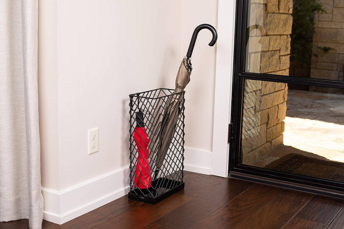 BIRDROCK HOME Decorative Umbrella Stand with Removable Water Tray - Large Freestanding Umbrella Rack and Cane Walking Stick Organizer - Metal Umbrella Holder for Entryway & Indoor Use - Black, Striped | Decorative Large Freestanding Rack and Cane Walking
