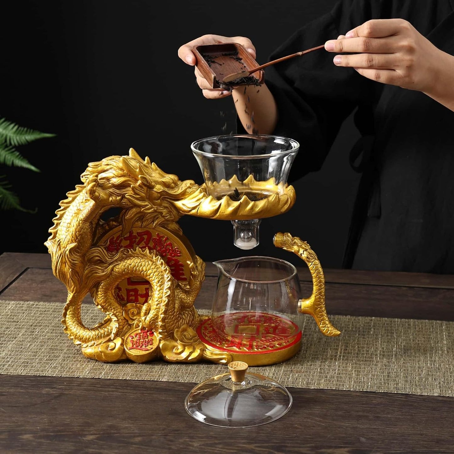 Glass Teapot Set with Infuser Semi Automatic Dragon Tea Set (Blue golden teapot)