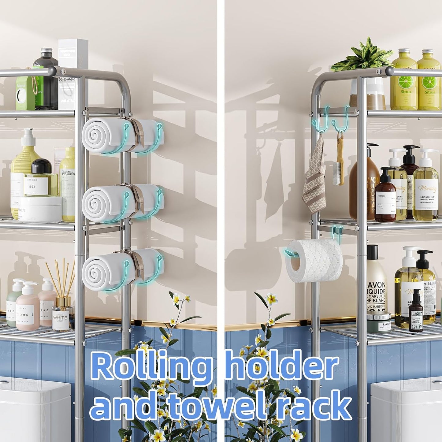 Simple Trending Over The Toilet Storage Cabinet, Metal Bathroom Shelf Organizer with Paper Holder and Hooks, 3 Tier, Black