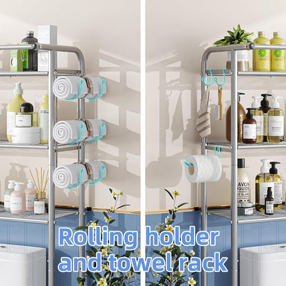 Simple Trending Over The Toilet Storage Cabinet, Metal Bathroom Shelf Organizer with Paper Holder and Hooks, 3 Tier, Black