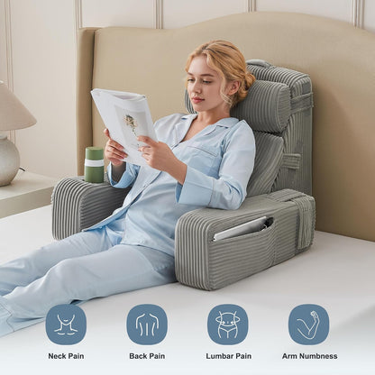 Reading Pillow for Bed with Adjustable Armrests and Side Pockets, Back Pillow for Bed Sitting Up, Sit Up Pillow, and Bed Pillows for Sitting Up, Ideal for Reading, Watching TV and Relaxing, Light Gray