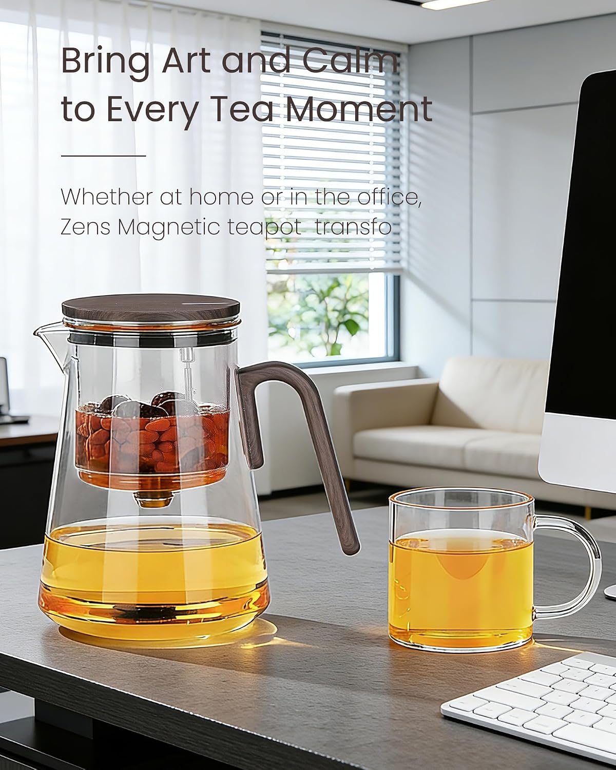ZENS Magnetic Glass Infuser Teapot for Loose Tea, 27oz Walnut Wood Handle | Magic Teapot with Infuser, Echanted Tea Maker, Mess-Free Loose Leaf Tea Diffusers for Tea lover Gifts