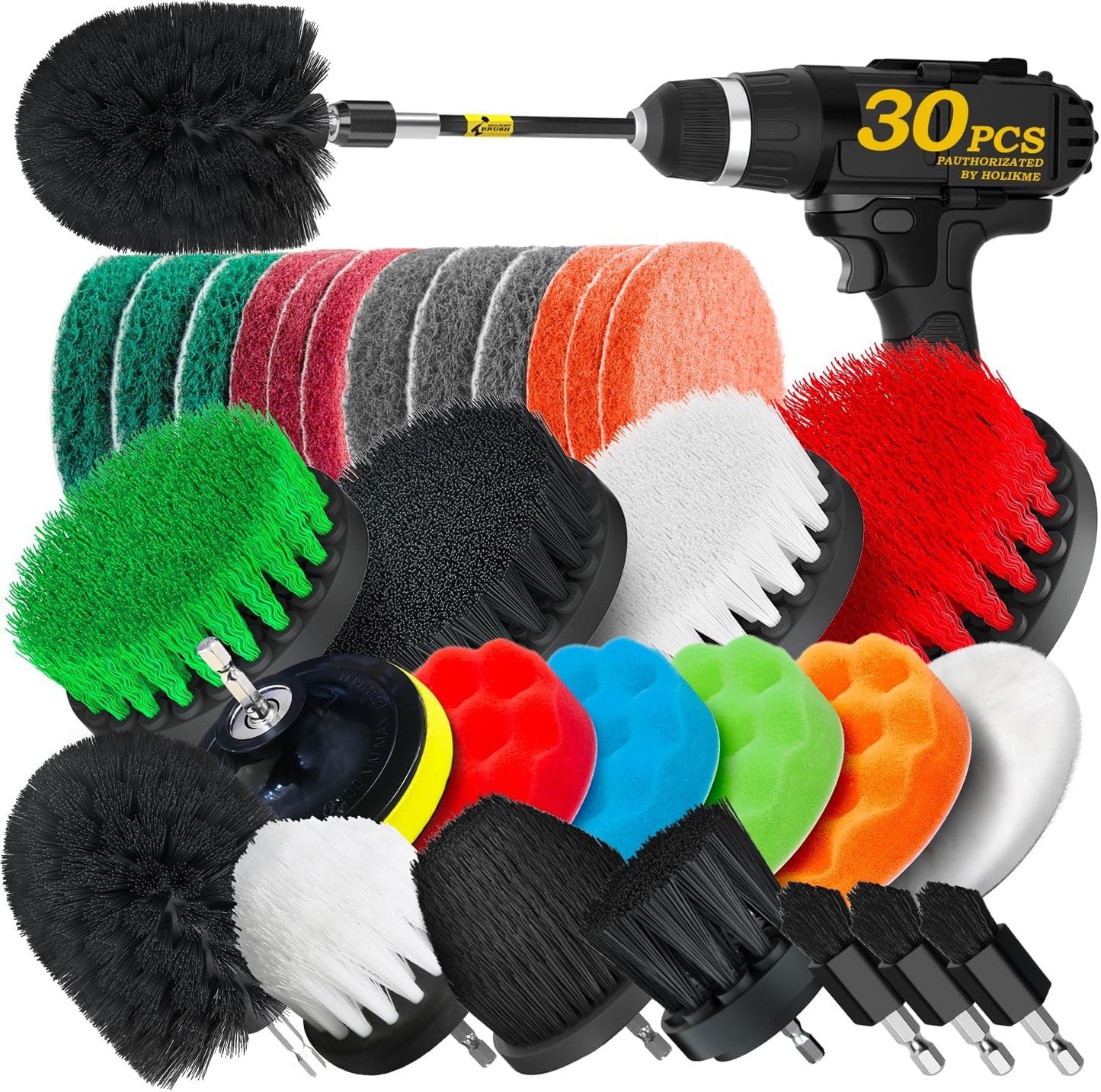 Holikme 30Piece Drill Brush Attachment Set - Power Scrubber Cleaning Kit | Buffing Sponges, Nylon Grout Tools, Tile Bathtub Shower Floors Kitchen Car Interior Detailing, Cleaning Supplies