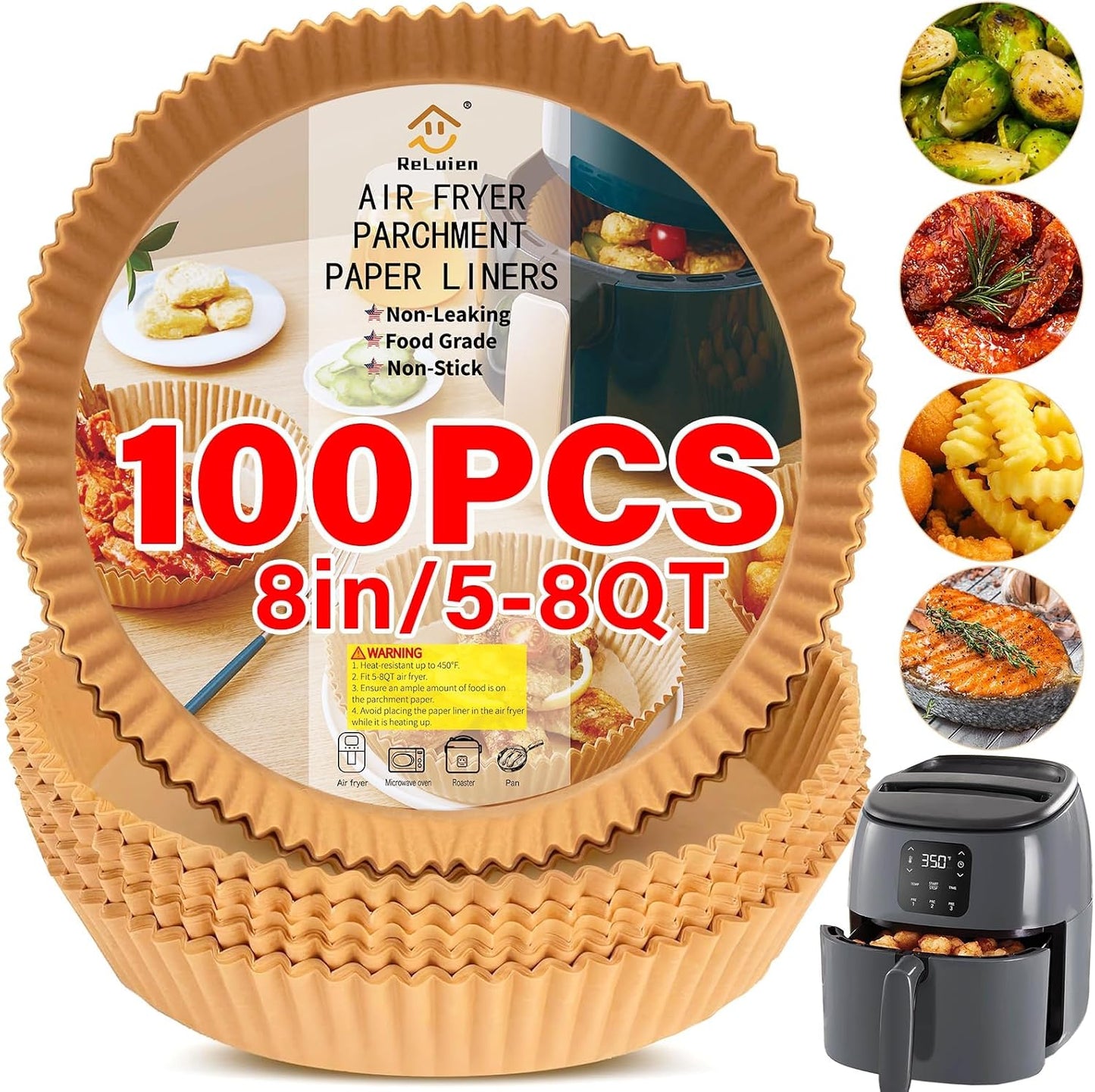Air Fryer Liners Disposable 125 Pcs, 8 Inch Paper for 5-8 QT Air Fryers | Square Unbleached Parchment Paper, Non-Stick, Greaseproof for Baking, Roasting, Microwave, Oven, Airfryer Basket Accessories