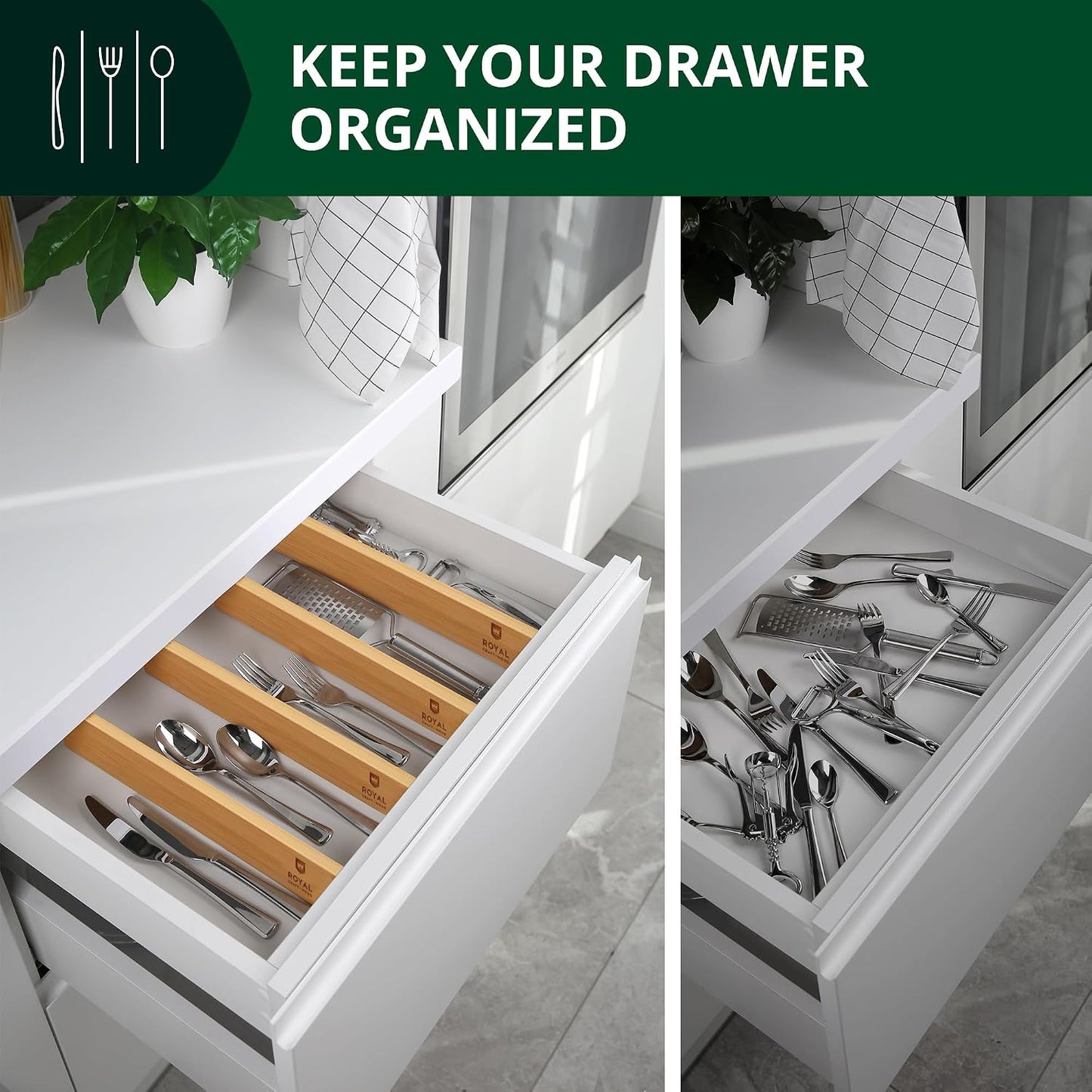 Bamboo Drawer Dividers Organizers, Adjustable Drawer Separator Splitters, 17–22 Inches Expandable Drawer Divider Organizer for Large Utensils, Kitchen, Bedroom, Dresser & Office Drawers 4-Pack
