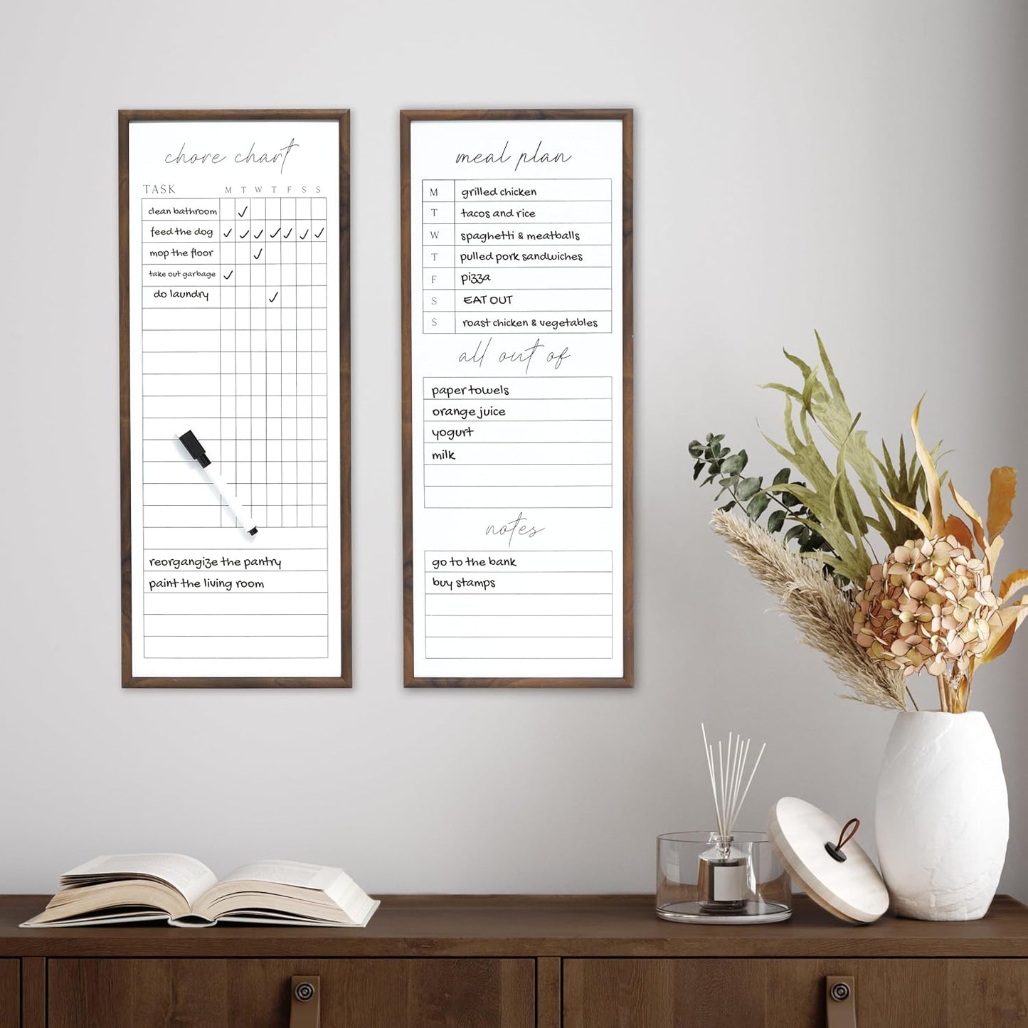 Sheffield Home Set of Two Family Planner Dry Erase Boards Featuring, Chore Chart, Shopping List, Weekly Meal Planner and Notes, 9x21 Inch, Natural