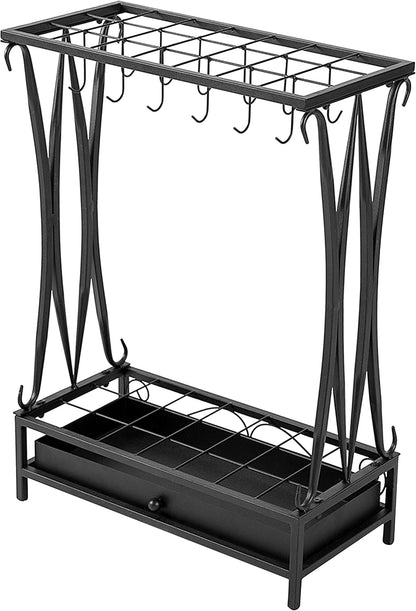 MyGift Modern Black Metal Umbrella Rack with 21 Slots and 12 Hooks and Removable Base Drip Tray