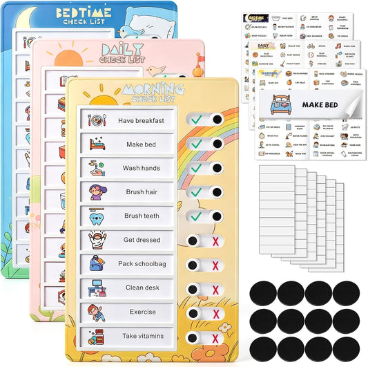 3 Pcs Magnetic Checklist Chart for Kids for Morning/Bedtime/Daily, Visual Chores Chart for Toddler, Schedule Board for Children Behavior Task, Routine Planing Board for Home/School, ADHD Tool