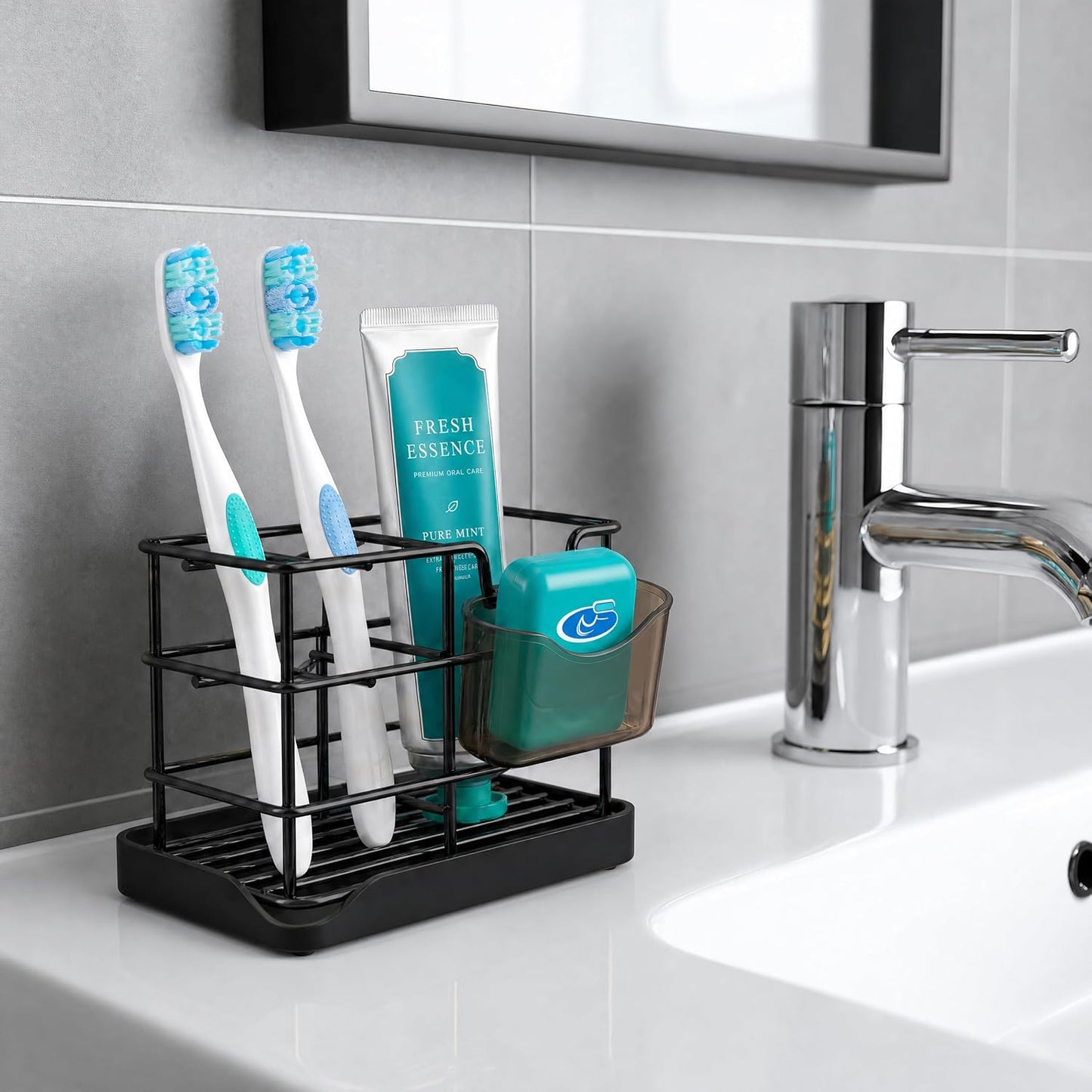 HBlife Toothbrush Holders for Bathrooms Black, Small Stainless Steel Bathroom Toothbrush Holder with Tray, Bathroom Accessories and Apartment Essentials
