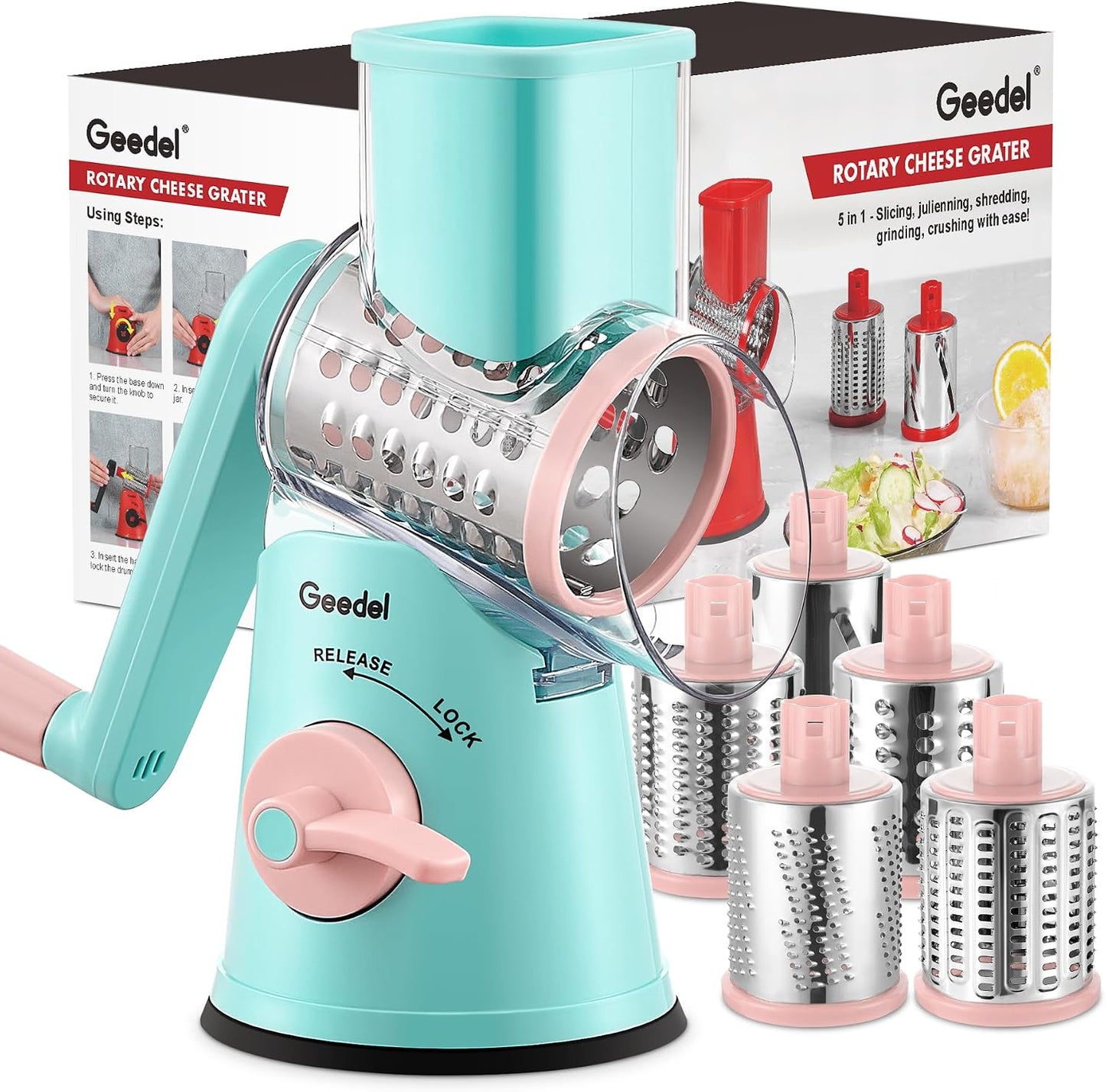 Geedel Rotary Cheese Grater, Kitchen Mandoline Vegetable Slicer with 3 Interchangeable Blades, Easy to Clean Rotary Grater Slicer for Fruit, Vegetables, Nuts | 3 Blades, 430 Stainless Steel, 12x Fast Cutting, Strong Suction Base, No BPA, Dishwasher Safe,