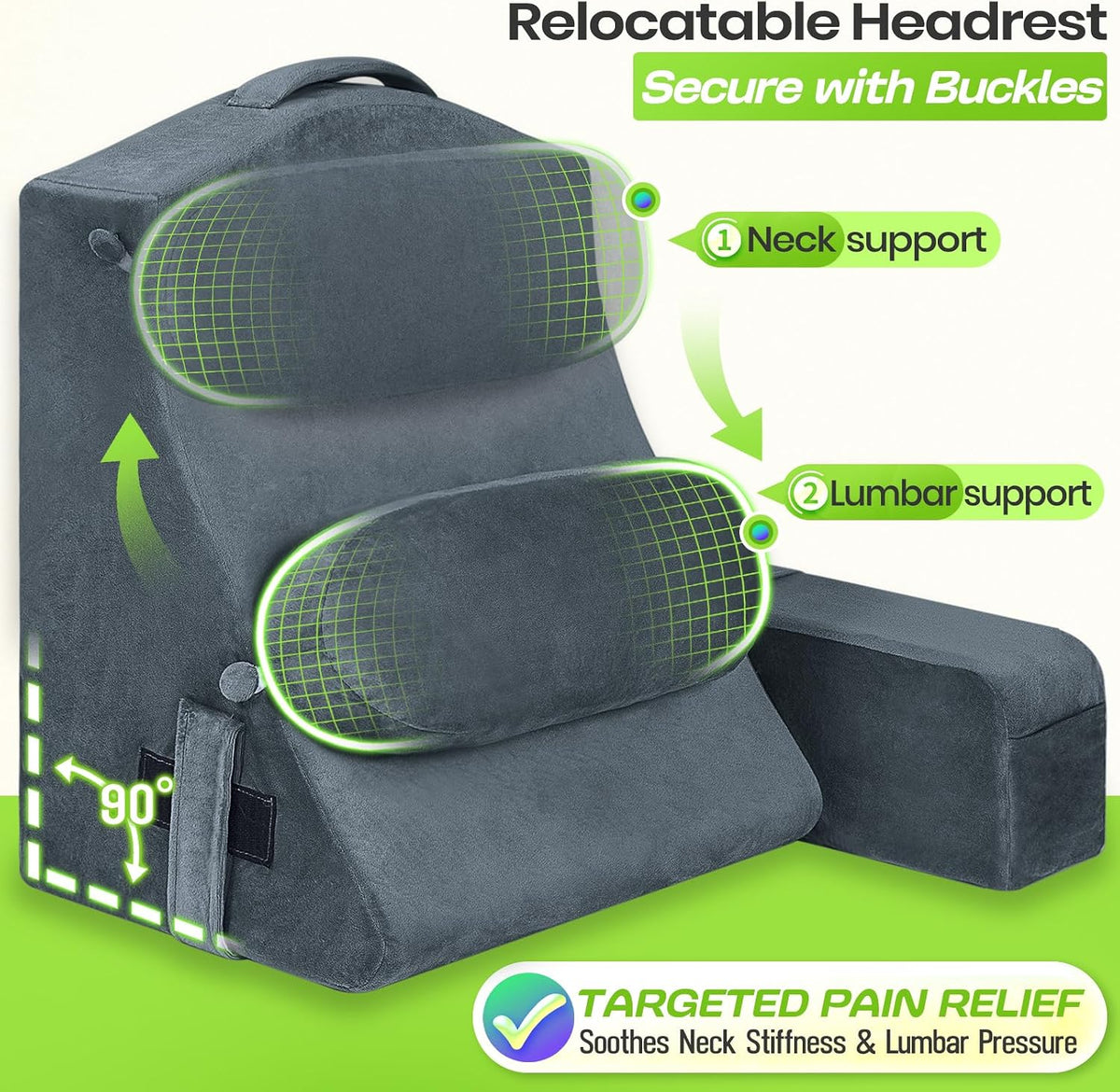21 INCH Reading Pillow for Adults, Back Pillow for Bed Sitting Up, Backrest Pillow for Sitting in Bed, Detachable Arms with Built-in Cup & Phone Caddy (Gray, 21 INCH)