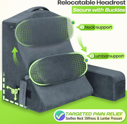 21 INCH Reading Pillow for Adults, Back Pillow for Bed Sitting Up, Backrest Pillow for Sitting in Bed, Detachable Arms with Built-in Cup & Phone Caddy (Gray, 21 INCH)
