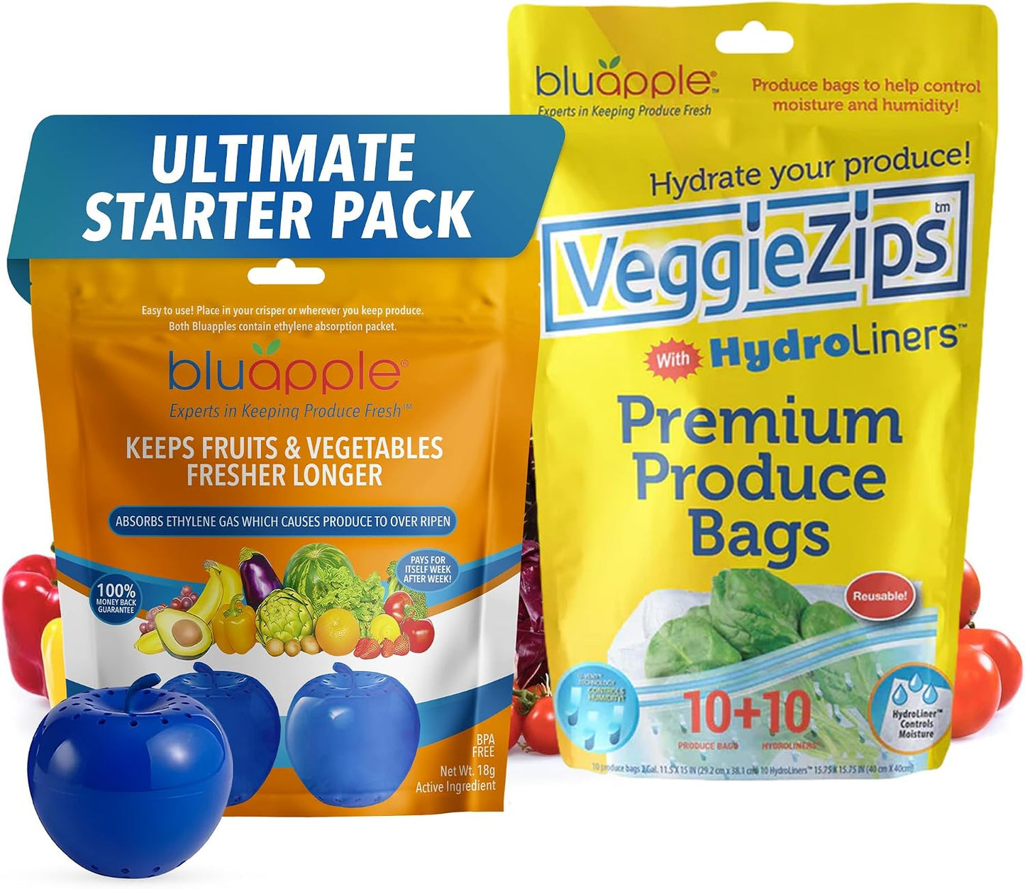 Bluapple Produce Saver Ethylene Gas Absorber - Fresh Fruit & Vegetable Storage for Refrigerator Crisper, Shelves & Fruit Bowls, Produce Keeper, Fruit Saver, Kitchen Must Haves, BPA-Free - 2-Pack