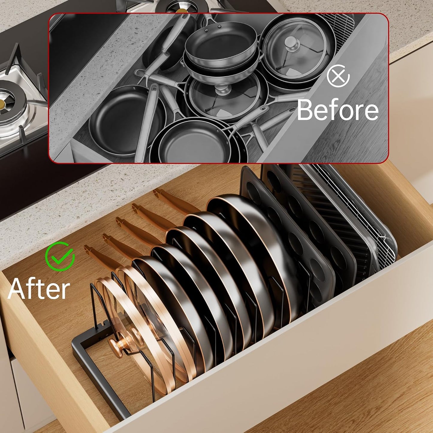Expandable Pot and Pan Organizer with 10 Adjustable Dividers | Solid Metal Under‑Cabinet Pot Lid Organizer 14.1''‑24.8'', Lid Organizers Inside Cabinet, Fits Bakeware & Cookie Sheets