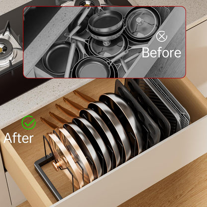 Expandable Pot and Pan Organizer with 10 Adjustable Dividers | Solid Metal Under‑Cabinet Pot Lid Organizer 14.1''‑24.8'', Lid Organizers Inside Cabinet, Fits Bakeware & Cookie Sheets