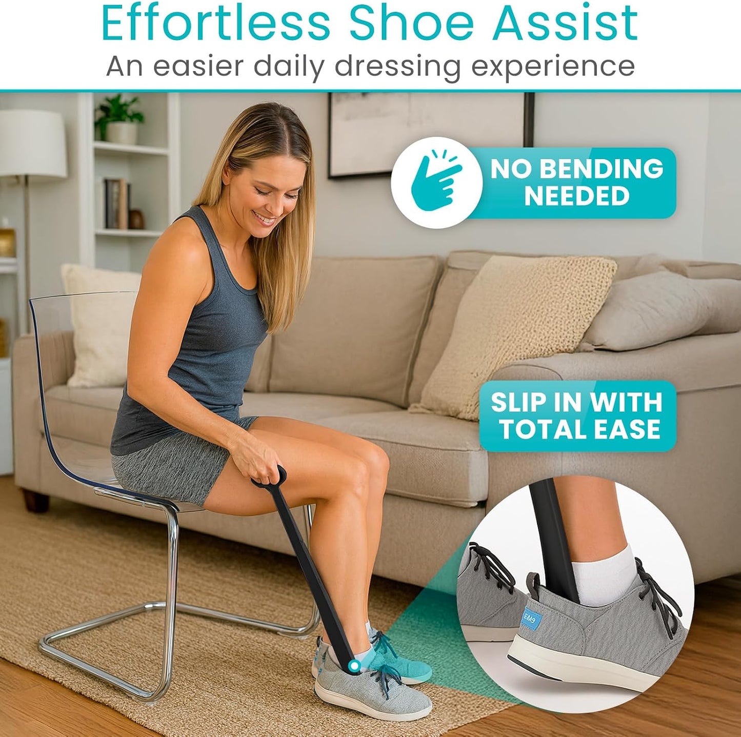 Vive Long Shoehorn for Seniors with Handle 23" | Sock Remover, Long Handled for Men & Women, Boot Shoe Helper and Sock Aid, Extra Reach, Patent-Pending Foldable