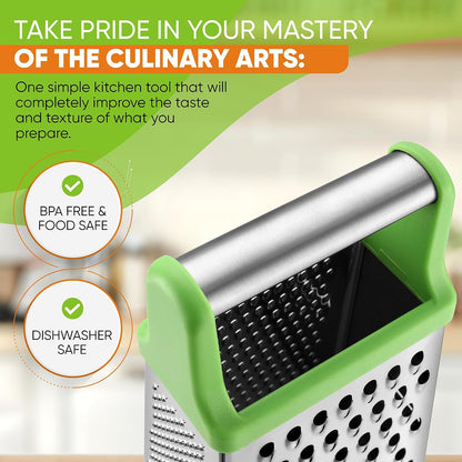 Spring Chef Stainless Steel XL Cheese Grater for Kitchen, Green | 4 Sided Manual Metal Box Grater for Carrot, Potato, Cabbage, Cheese Shredder, Professional Vegetable Grater, Dishwasher Safe