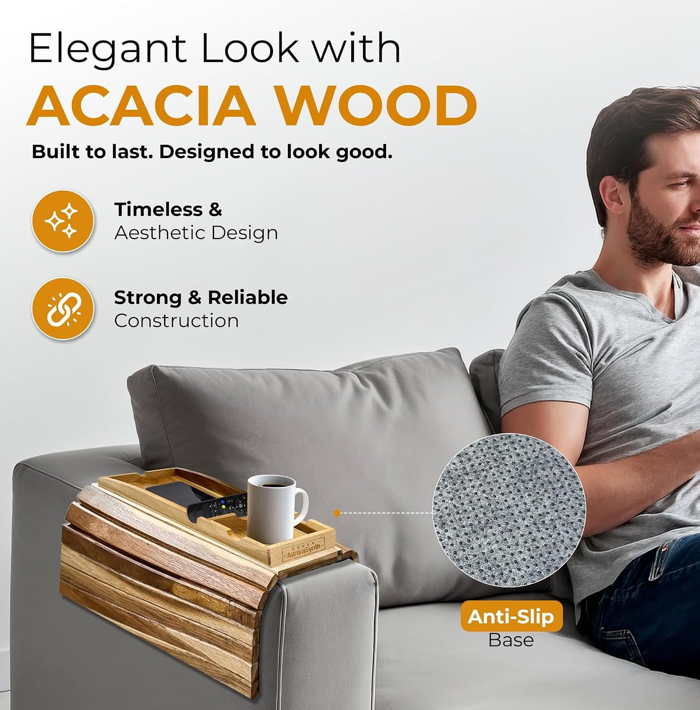 Bamboo Couch Cup Holder, 2 Cork Coasters, Anti-Slip Foldable Couch Arm Tray | 2 in 1 Foldable Sofa Arm Tray, Couch Armrest Table, Anti-Spill Couch Arm Table for Drinks TV Remote Cellphone Snacks
