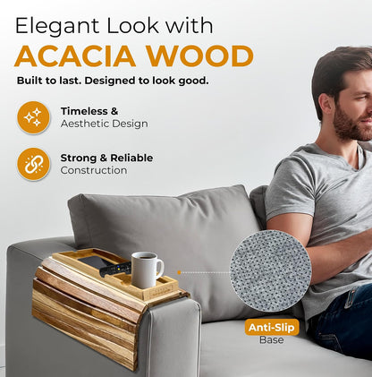 Bamboo Couch Cup Holder, 2 Cork Coasters, Anti-Slip Foldable Couch Arm Tray | 2 in 1 Foldable Sofa Arm Tray, Couch Armrest Table, Anti-Spill Couch Arm Table for Drinks TV Remote Cellphone Snacks