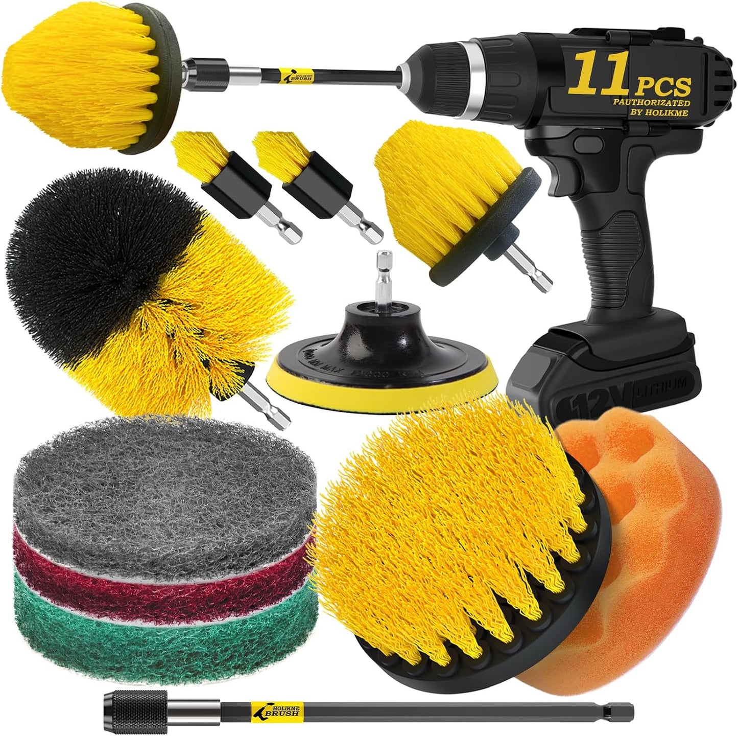 Holikme 11 Piece Drill Brush Attachment Set Scouring Pads Power Scrubber Brush Scrub Pads for Bathroom Surfaces, Floor, Tub, Shower, Grout, Tile, Corners,Cleaning Brush | Buffing Sponges, Nylon Grout Tools, Tile Bathtub Shower Floors Kitchen Car Interior