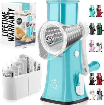 Zulay Kitchen Rotary Cheese Grater 5 Blade Cheese Shredder - Manual Hand Crank Cheese Grater With Reinforced Suction & 5 Interchangeable Drums - Easy to Use, Vegetable Chopper Round Mandoline Slicer - Colors B