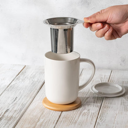 CEEFU 16oz Porcelain Tea Mug with Infuser, Lid and Coaster | Teaware with Filter, Loose Leaf Tea Cup Steeper Maker, Tea/Coffee/Milk/Women/Office/Home/Gift, Navy Blue