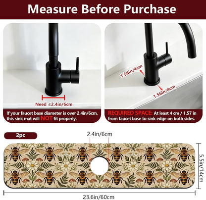 2Pcs Peonies Kitchen Sink Splash Guard Faucet Mat Vintage Florals Faucet Mat For Bathroom Kitchen 5.5x23.6In