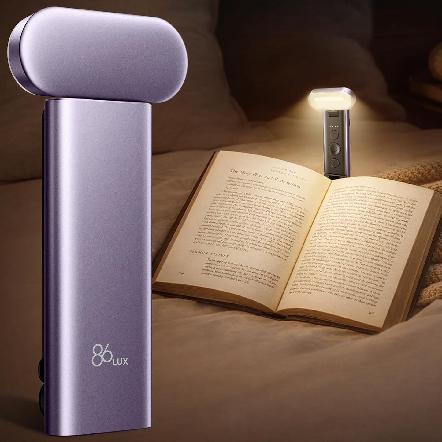 86lux Book Light, Rechargeable Reading Light for Book in Bed | 3 Color Modes & Stepless Dimming, Aluminum Alloy LED Bookmark Light for Book Lovers, Technology Black