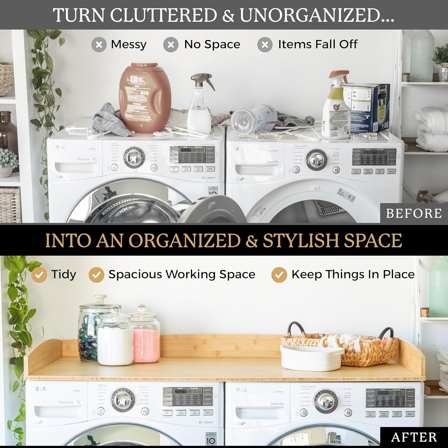 Nedura Washer Dryer Countertop with Anti-Vibration Pads, Curved Edge Rails, Premium Bamboo Laundry Countertop, Washer Dryer Topper, Laundry Room Organization, Laundry Room Accessory – Dark Walnut