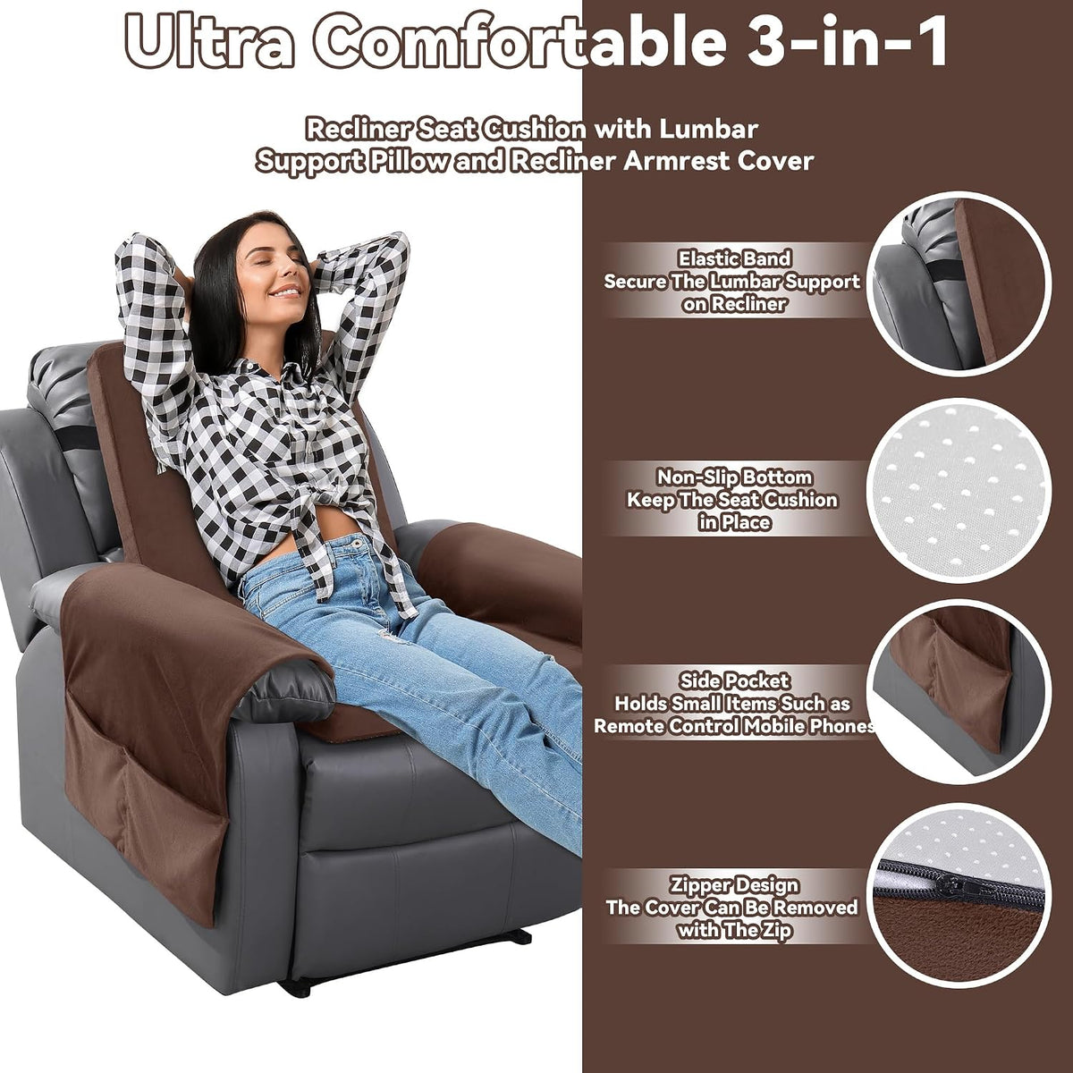 HOMBYS Recliner Chair Cushion for Elderly with Lumbar Support Pillow & Recliner Armrest Cover, 20"x20" Memory Foam Seat Cushion Non-Slip & Supportive, Machine Washable, Brown