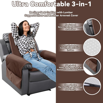 HOMBYS Recliner Chair Cushion for Elderly with Lumbar Support Pillow & Recliner Armrest Cover, 20"x20" Memory Foam Seat Cushion Non-Slip & Supportive, Machine Washable, Brown