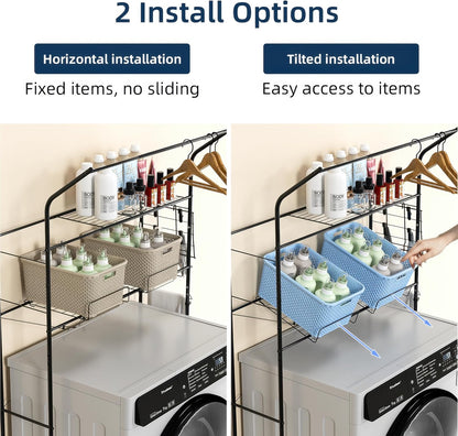 Laundry Room Storage Shelf & Organizer, 2 Tier Metal Over Washer and Dryer Shelves, Washing Machine Shelf with Hanger Rod, Expandable Bathroom Space Saver Shelf, 26–37" L x 15.8" W x 59.5" H, Black