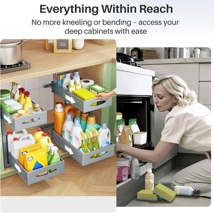 Under Sink Organizer, 2 Tier Pull out Cabinet Organizer Baskets with Mesh Sliding Drawers, Slide out Storage Shelf for Home, Kitchen, Bathroom, Pantry, Office Cabinet, Countertop(1 Pack)
