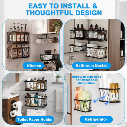 8 Pack Cabinet Door Organizer,No Drill Adhesive Metal Pot Lid Holder with 4 Storage Baskets &4 Tumbler Lid Holders,Rustproof Inside Cabinet Food Container Lid Storage Rack for Kitchen Pantry Bathroom