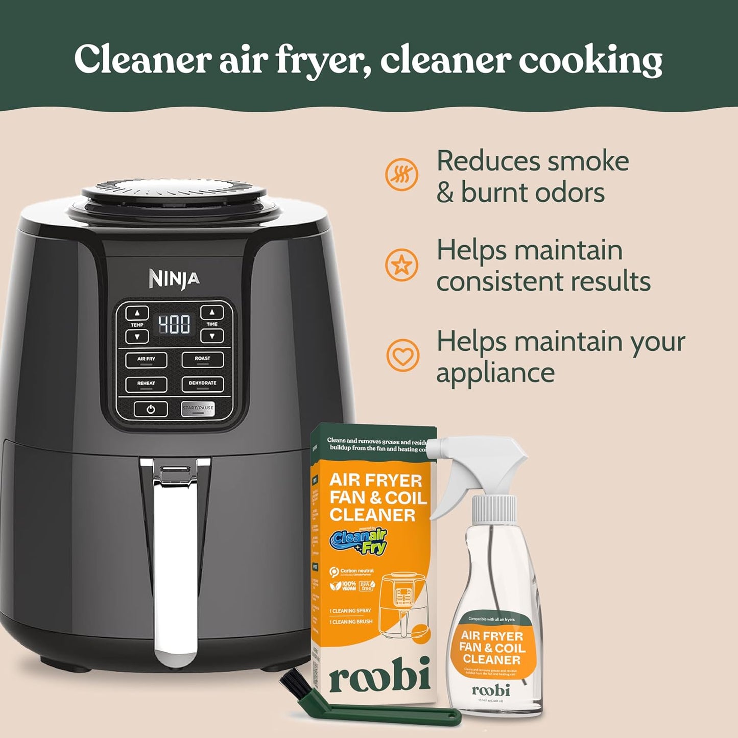 Roobi Air Fryer Cleaner, 6 Powder Sachets + Brush | Deep Cleans Drawer, Basket & Grill Without Scrubbing, Coating-Safe, Food-Contact Safe, Organic