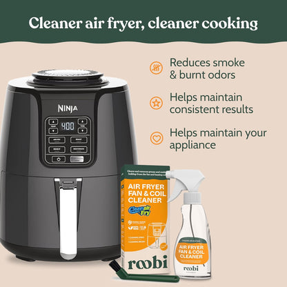 Roobi Air Fryer Cleaner, 6 Powder Sachets + Brush | Deep Cleans Drawer, Basket & Grill Without Scrubbing, Coating-Safe, Food-Contact Safe, Organic