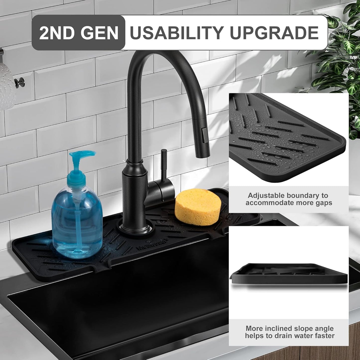 Silicone Faucet Mat for Kitchen Sink – Gen 2 Splash Guard with Upgraded Outlet & Slope – 18” x 5.1” Water Catcher & Sink Sponge Holder for Kitchen and Bathroom (Black)