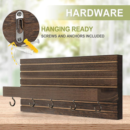 Lwenki Decorative Key Holder for Wall with Shelf, Entryway Shelf with Hooks Holds Leashes, Jackets and Glasses – Sturdy Wood Keyholder Entrance Hanger with Mounting Hardware (Black, Medium)