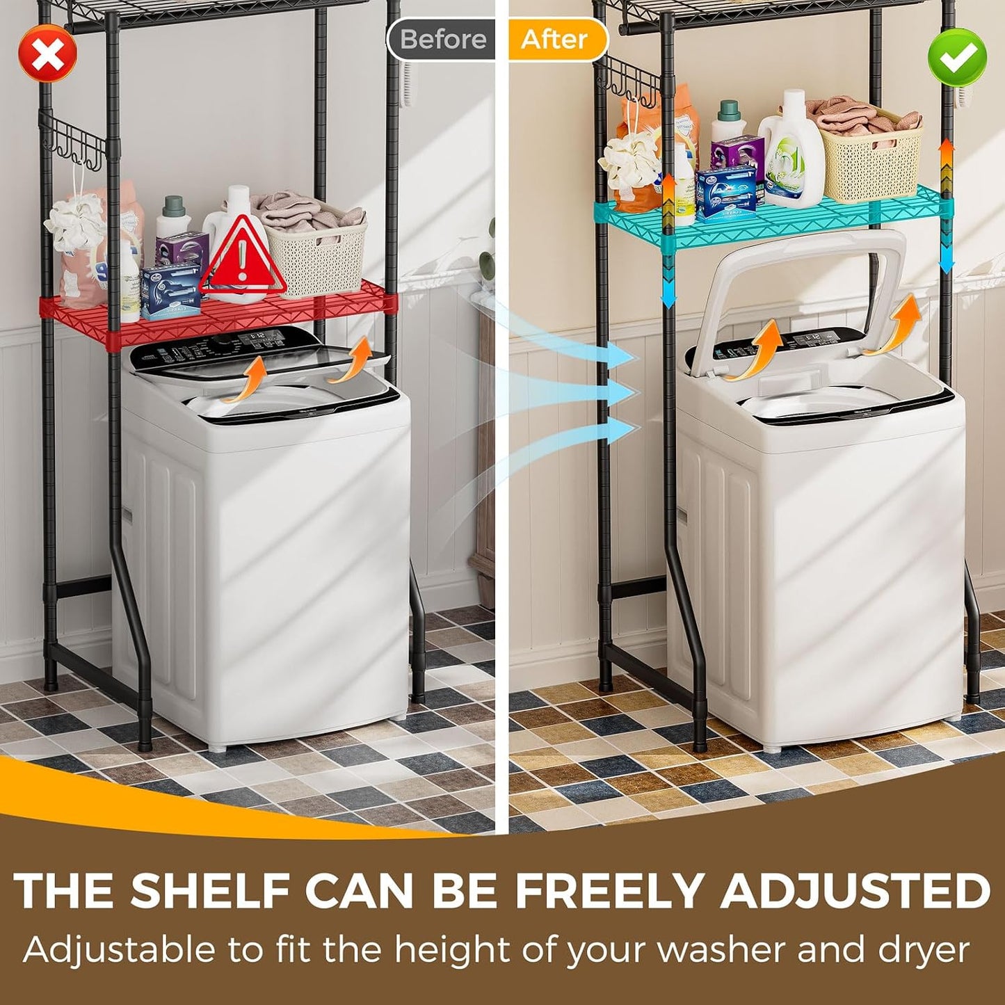 Golpart Laundry Organizer Shelves Over the Washer and Dryer Storage Shelf | Heavy Duty Laundry Room Organization Clothes Drying Rack Adjustable Height Wire Shelving and Wire Basket with Hanger Rod
