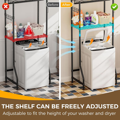 Golpart Laundry Organizer Shelves Over the Washer and Dryer Storage Shelf | Heavy Duty Laundry Room Organization Clothes Drying Rack Adjustable Height Wire Shelving and Wire Basket with Hanger Rod